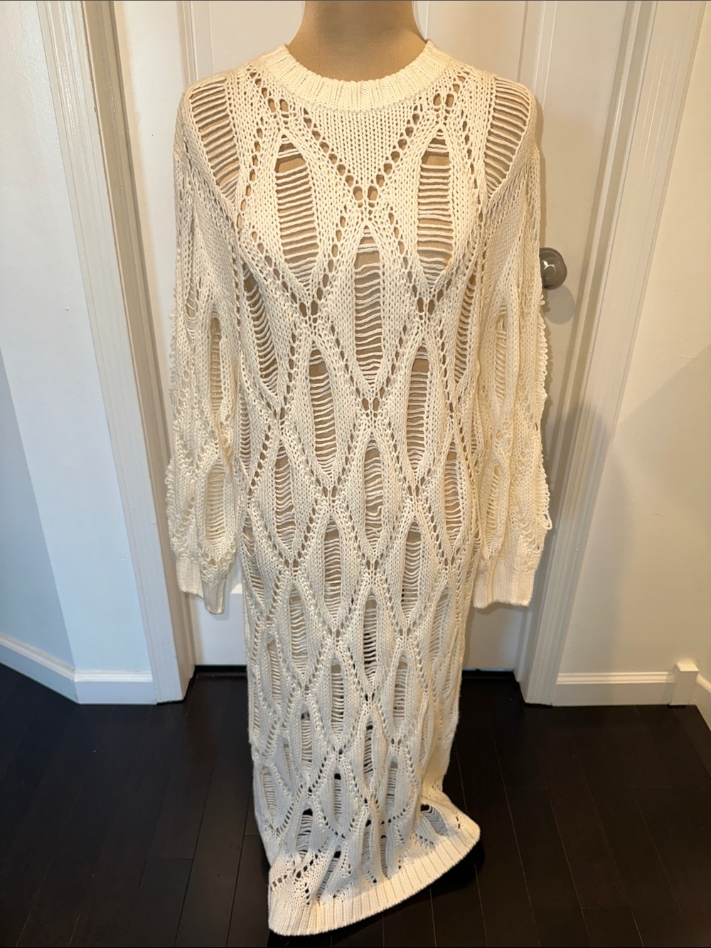 H&M Cream Open-Knit Sweater Dress with Diamond Lace Detail